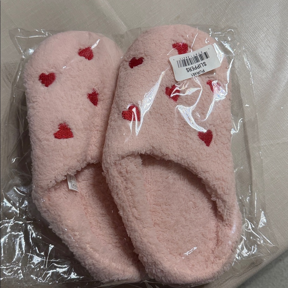 Pink Fuzzy Slippers with Red Hearts - Picture 3 of 3
